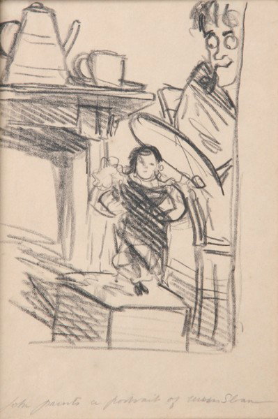 Robert Henri - John Paints a Portrait of Miss Sloan: Name: Robert Henri Artist Date: 1865-1929 Title: John Paints a Portrait of Miss Sloan Date of piece: nd Medium: pencil on paper Signature: unsigned Size: 10x6 Framed: