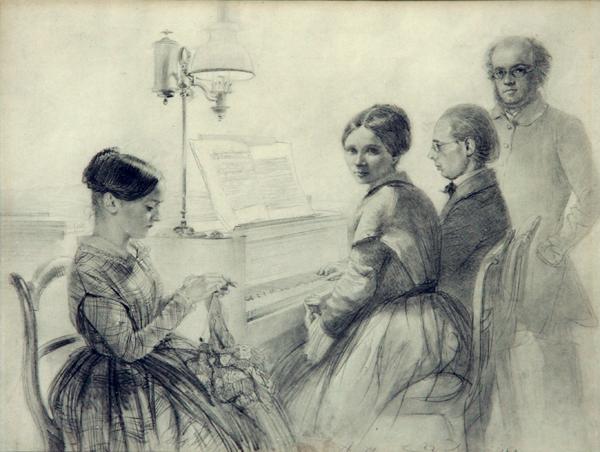 Unknown - Around the Piano: Name: Unknown Title: Around the Piano Date of piece: nd Medium: graphite on paper Signature: LR-signed indistinctly Size: 8.5x10.75 Framed: yes Reserve: No