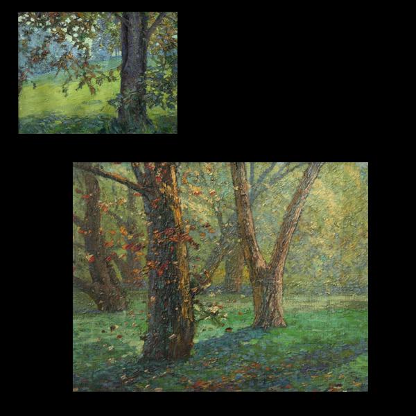Wilbur Crane - Forest Landscape/Tree in Front of M: Name: Wilbur Crane Artist Date: 1875-1934 Title: Forest Landscape/Tree in Front of Meadow Date of piece: c.1915-both Medium: oil on canvas board/oil on canvas Signature: unsigned/lower ri