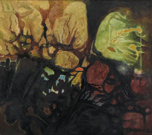 Edward Chavez - Primordial Landscape: Name: Edward Chavez Artist Date: 1917-1995 Title: Primordial Landscape Date of piece: nd Medium: oil on canvas Signature: on verso Size: 18x20 Framed: yes Rese