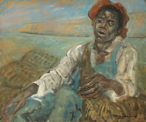 Marion Greenwood - Fisherman: Name: Marion Greenwood Artist Date: 1909-1970 Title: Fisherman Date of piece: c.1950 Medium: oil on board Signature: lower right Size: 20x24 Framed: yes Notes:
