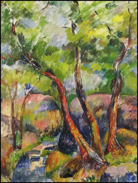 Teo Richet - Landscape in the style of Cezanne: Name: Teo Richet Title: Landscape in the style of Cezanne Date of piece: nd Medium: oil on canvas Signature: lower left Size: 24x18 Framed: Yes Reserve: No