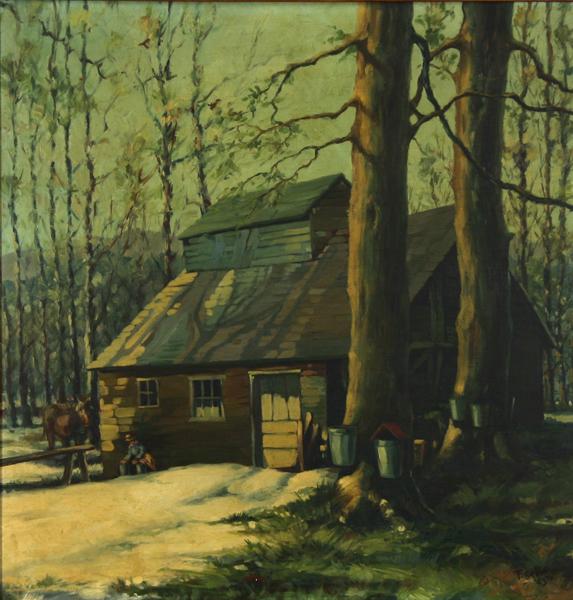 Frances Stein - Cabin in the Woods: Name: Frances Stein Artist Date: 1903-1986 Title: Cabin in the Woods Date of piece: 1943 Medium: oil on panel Signature: lower right Size: 22x21 Framed: yes Re