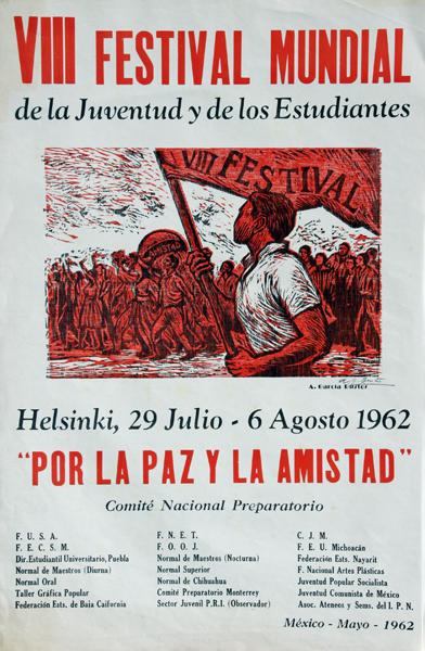 Arturo Garcia Bustos - VII Festival Mundaial: Name: Arturo Garcia Bustos Artist Date: 1926- Title: VII Festival Mundaial Date of piece: 1962 Medium: color woodblock print Signature: lower right Size: 24x16 Framed: </