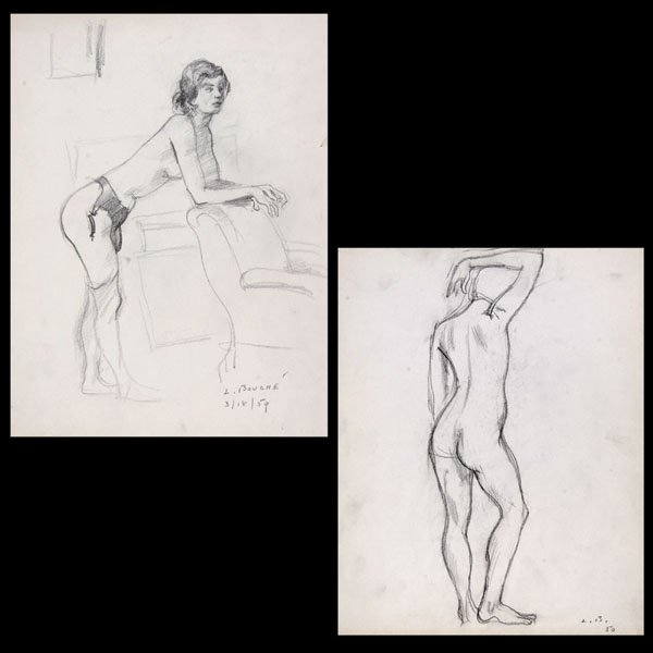 Louis Bouché - Nude Leaning on Chair/Nude Standing: Name: Louis Bouché Artist Date: 1896-1969 Title: Nude Leaning on Chair/Nude Standing, Back Date of piece: 1959/1950 Medium: graphite on paper-both Signature: lower right/initialed lower r