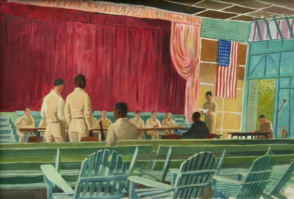 James Turnbull - Military Court Room: Name: James Turnbull Artist Date: 1909-1976 Title: Military Court Room Date of piece: 1944 Medium: gouache on paper Signature: lower right Size: 14x20 Framed: yes