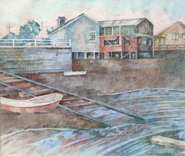 John Ruggles - Fishing Village: Name: John Ruggles Artist Date: 1907-1991 Title: Fishing Village Date of piece: c.1950 Medium: watercolor Signature: lower right Size: 10x12 Framed: yes Reserv