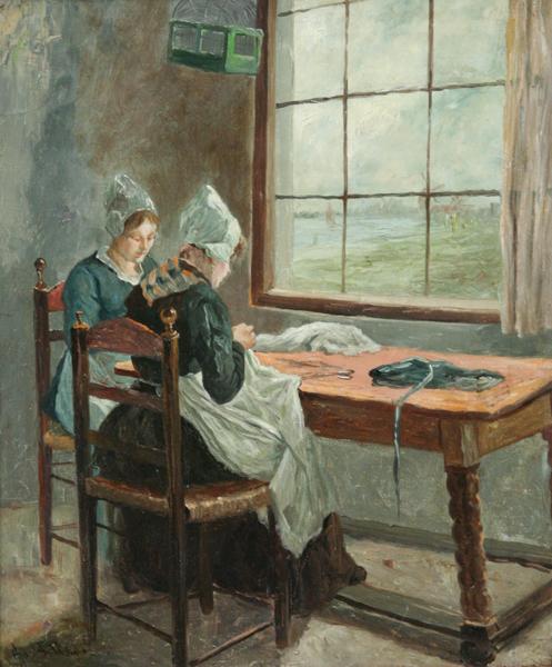 April F. Miho (?) - Sewing: Name: April F. Miho (?) Title: Sewing Date of piece: nd Medium: oil on canvas Signature: lower left Size: 17x14 Framed: yes Reserve: No