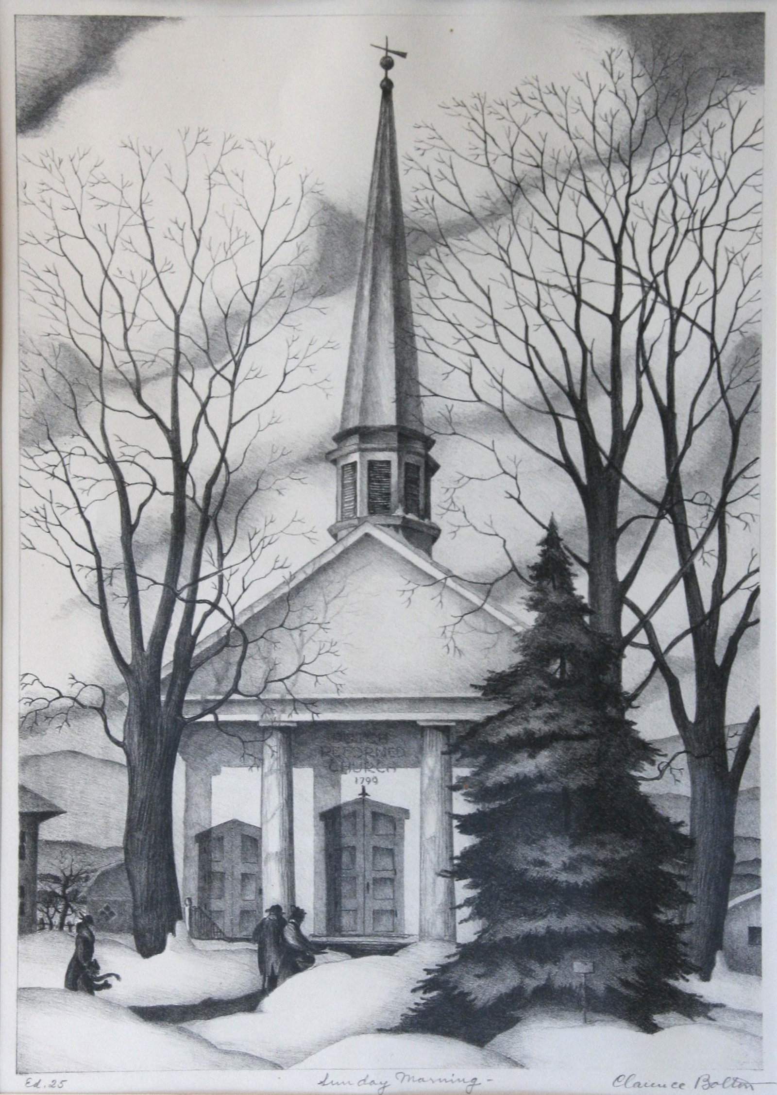 Clarence Bolton (1893 - 1962): "Sunday Morning"; c. 1950; Lithograph; 13.25" x 9.25"; Signed Lower Right; Framed (under glass).