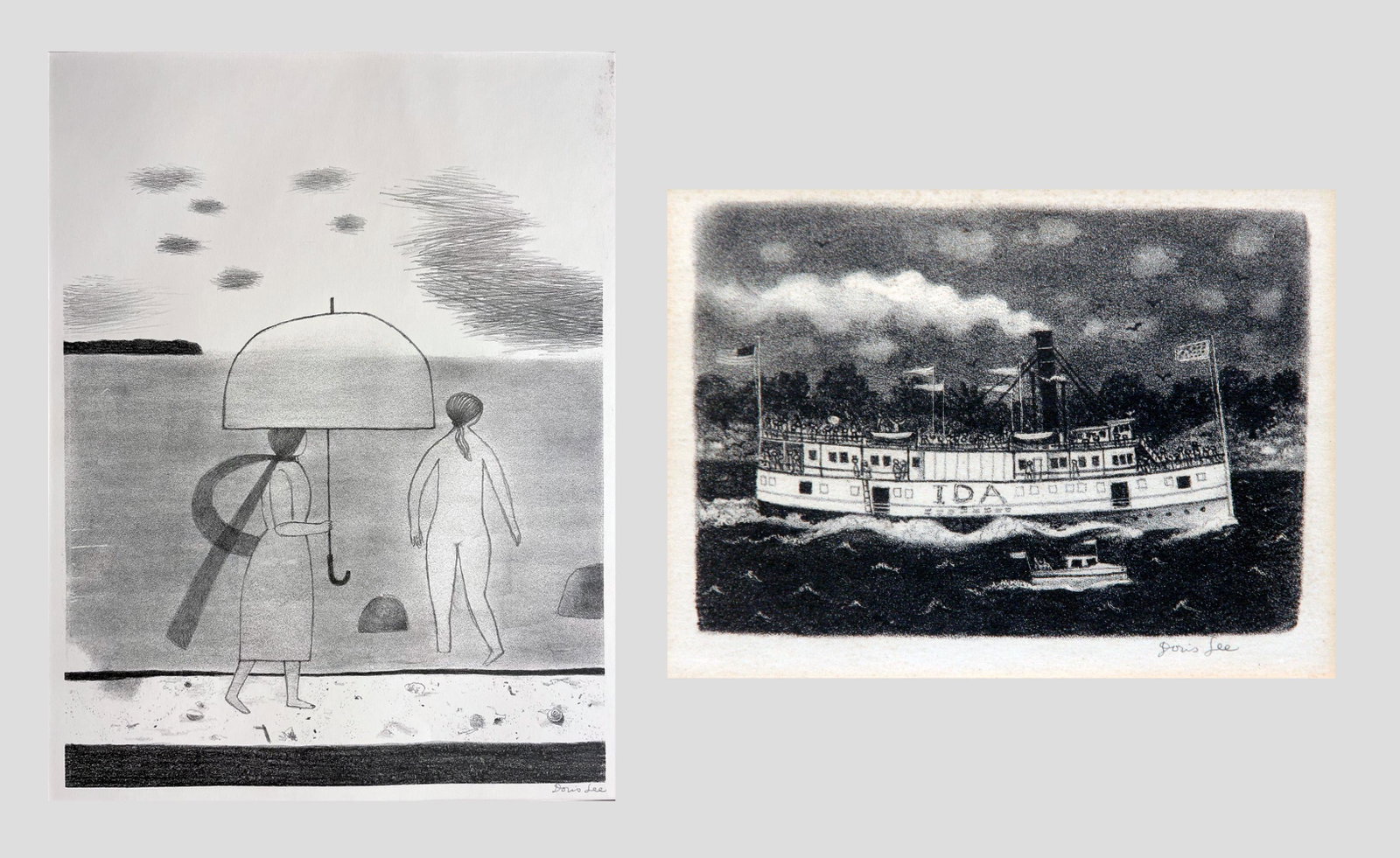 Doris Lee (1905 - 1983): LOT OF TWO: A. "Gray Day at the Beach"; c. 1940; Lithograph; 13" x 9.5"; Signed Lower Right; Unframed; Condition: foxing in upper right margin / B. "Excursion"; 1950; Lithograph; 3.75" x 5.25"; Signed