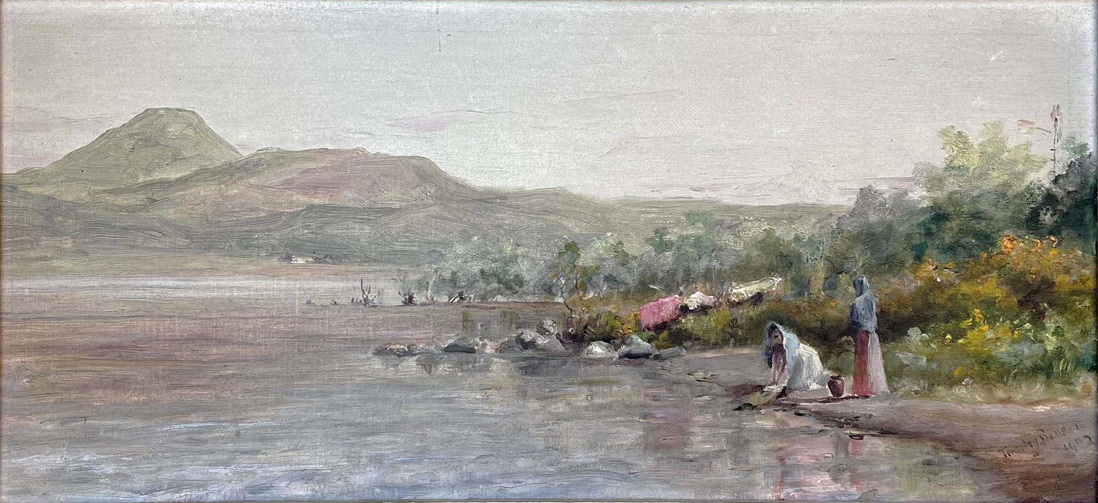 Townley Benson (1848-1907): "Laundry Day - Mexico"; 1902; Oil on Canvas; 7.25" x 15.5"; Signed Lower Right; Framed.