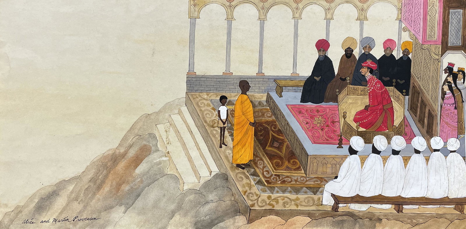 Alice & Martin Provensen: "Audience with the Sultan"; 20th Century; Watercolor on Paper; 9.25" x 18.25"; Signed Lower Left; Unframed.