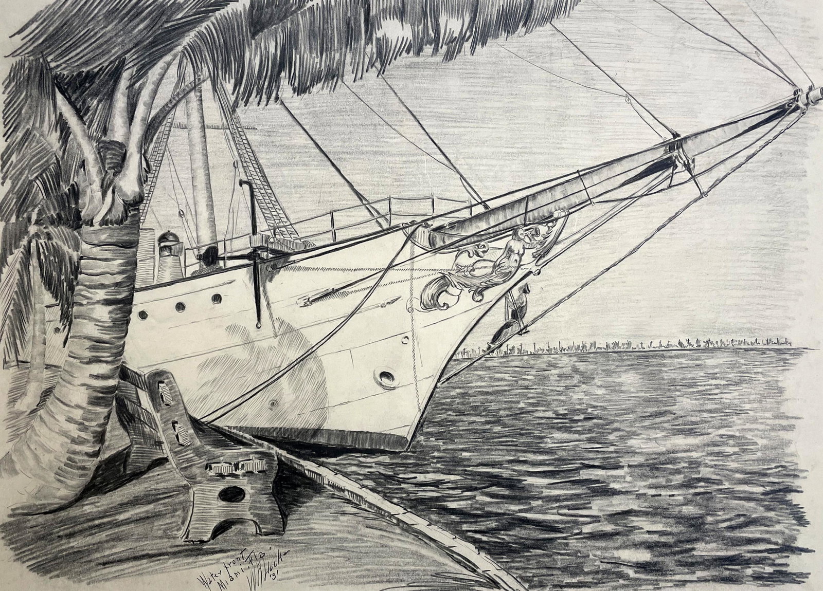 Walter Ronald Locke (1883 - 1949): "Waterfront - Miami, FL"; 1931; Graphite on Paper; 10" x 14"; Signed Lower Left; Unframed.