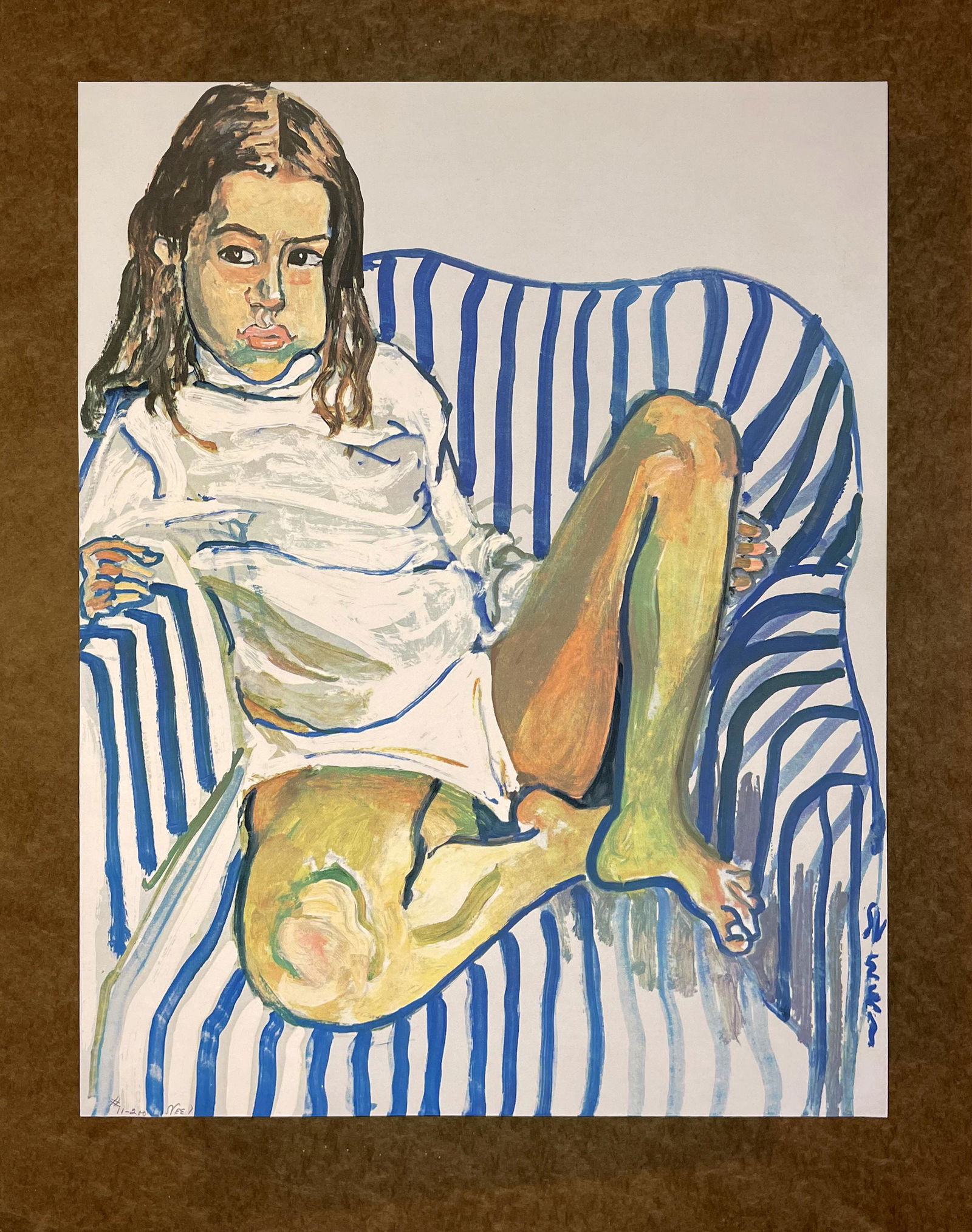 Alice Neel (1900 - 1984): "Olivia in Striped Chair" - Edition 11/200; c. 1975; Lithograph; 26.5" x 21"; Signed Lower Left; Unframed; Note: brown paper stock on which this serigraph was printed exhibits normal aging - i.e. slig