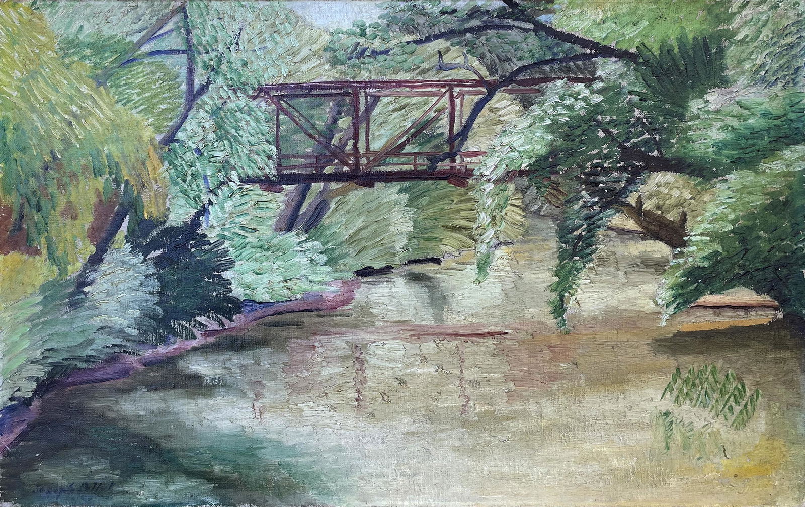 Joseph Pollet (1897 - 1979): "Iron Bridge"; c. 1940; Oil on Canvas; 16" x 24"; Signed Lower Left; Framed.