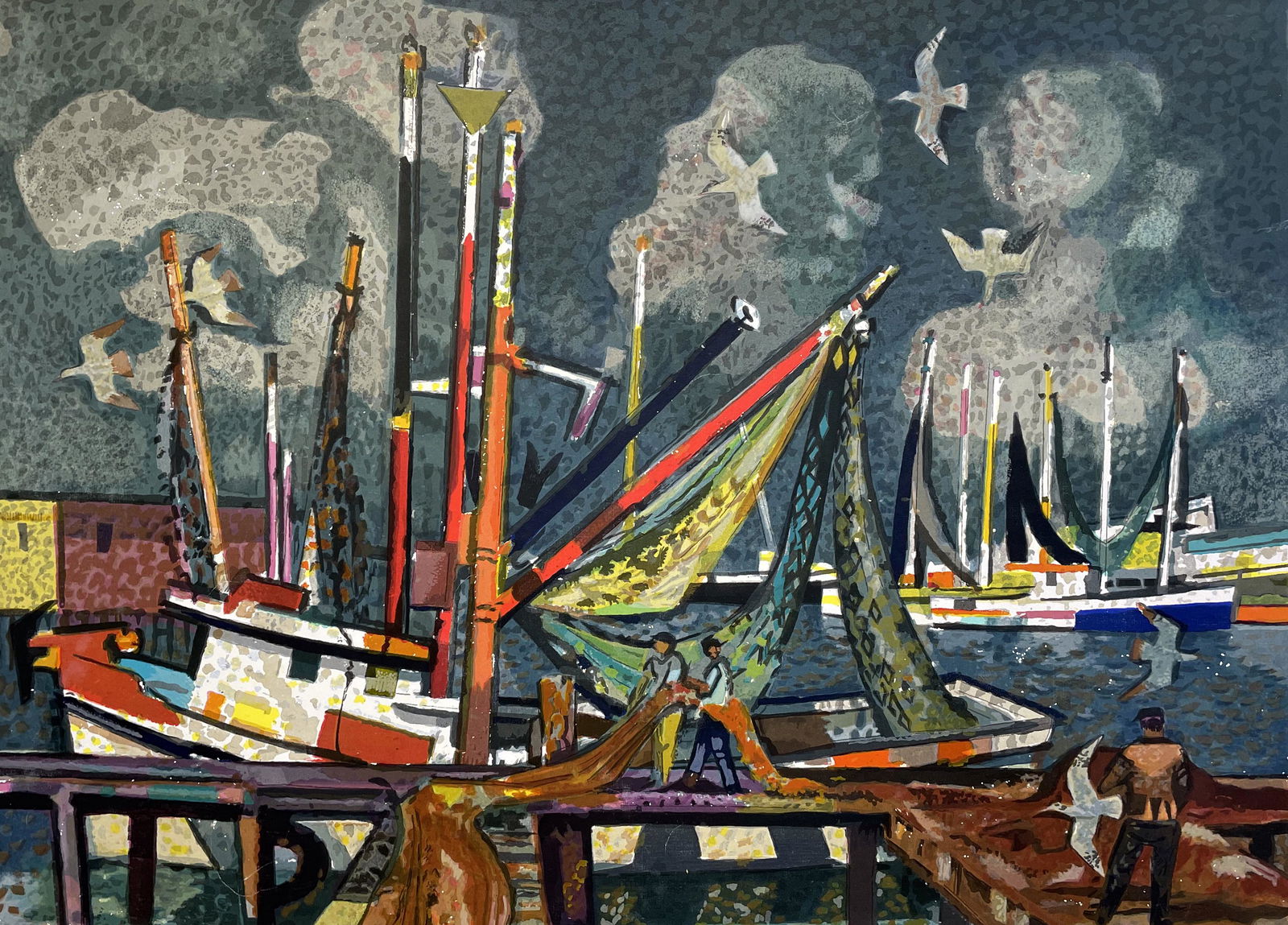 Millard Sheets (1907 - 1989): "Fishermen" - Edition 216/250; c. 1977; Color Lithograph; 22" x 29.5"; Signed Lower Right; Unframed; Note: minor smudging in margins.