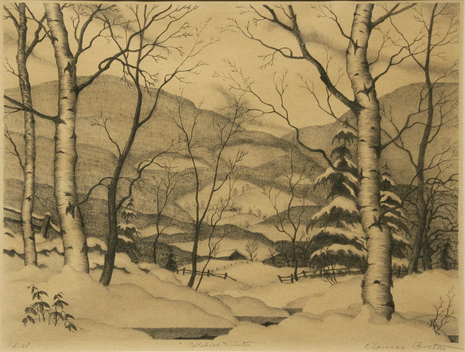 Clarence Bolton (1893 - 1962): "Catskill Winter"; c. 1940; Lithograph; 10.25" x 13.75"; Signed Lower Right; Framed (under glass); Note: toning overall.