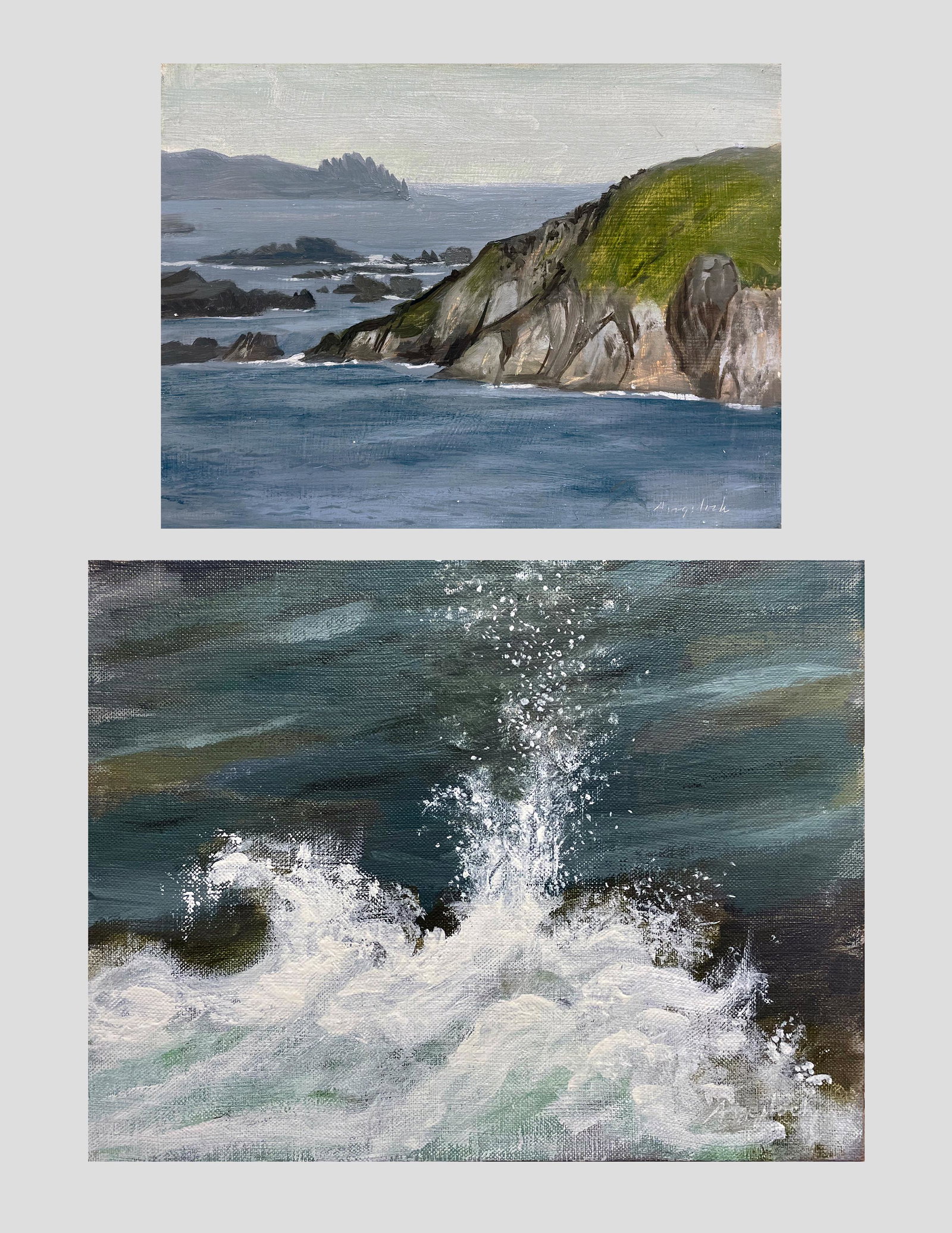 Robert Angeloch (1922 - 2011): LOT OF TWO: A. "Beginnish"; 1969; Oil on Masonite; 6" x 8"; Signed Lower Right; Unframed / B. "Spray VI"; 1997; Oil on Canvas Board; 8" x 10"; Signed Lower Right; Unframed.