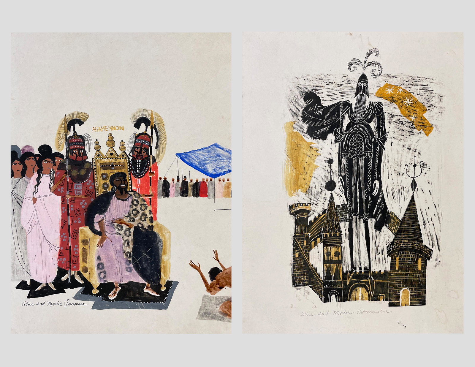 Alice & Martin Provensen: LOT OF TWO: A. "Agamemnon"; 20th Century; Gouache on Board; 14" x 10"; Signed Lower Left; Unframed / B. "Castle Guardian"; 20th Century; Ink and Watercolor on Board; 10.5" x 7.75"; Signed Lower Left; 