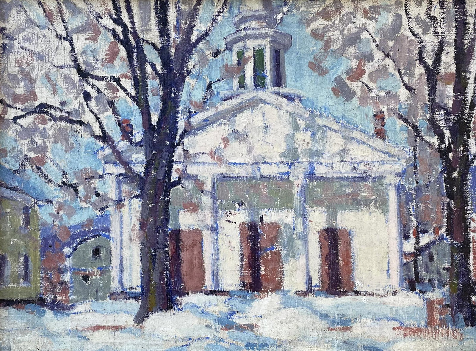 John W. Bentley (1880 - 1951): "Dutch Reform Church - Woodstock, NY"; c. 1955; Oil on Canvas Mounted on Masonite; 11.5" x 15.5"; Unsigned; Framed.