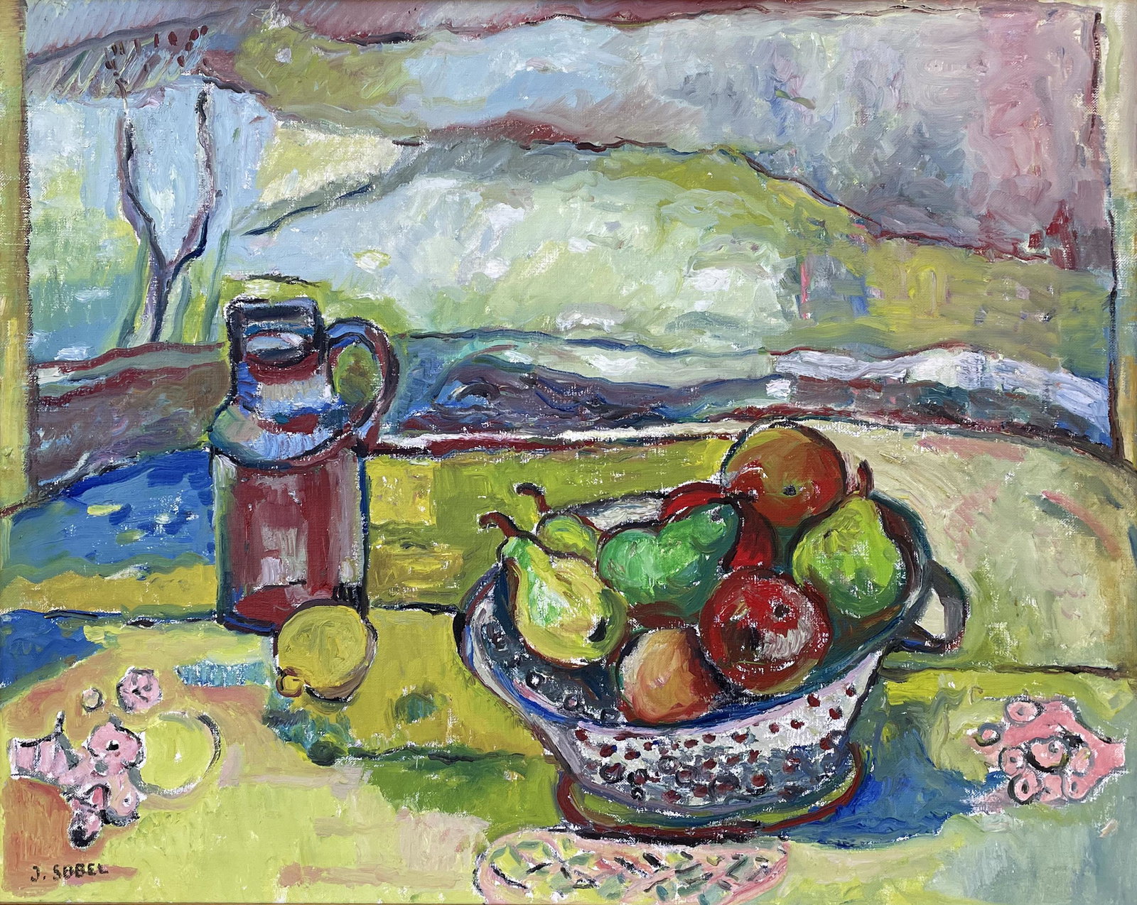 Jehudith Sobel (1924 - 2012): "Still-Life with Fruit and Pitcher"; 20th century; Oil on Canvas; 24" x 30"; Signed Lower Left; Framed.