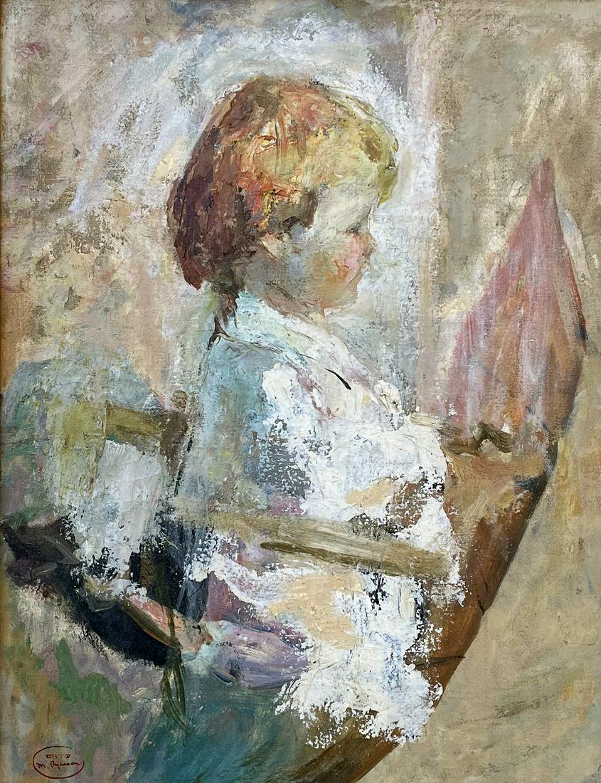 Margery Ryerson (1886 - 1989): "Baby in Arm Chair"; c. 1930; Oil on Canvas; 20" x 16"; Estate Stamp Lower Left; Framed; Note: "Grand Central Art Galleries - New York, NY" show label on verso; Provenance: From the Estate of Margery 