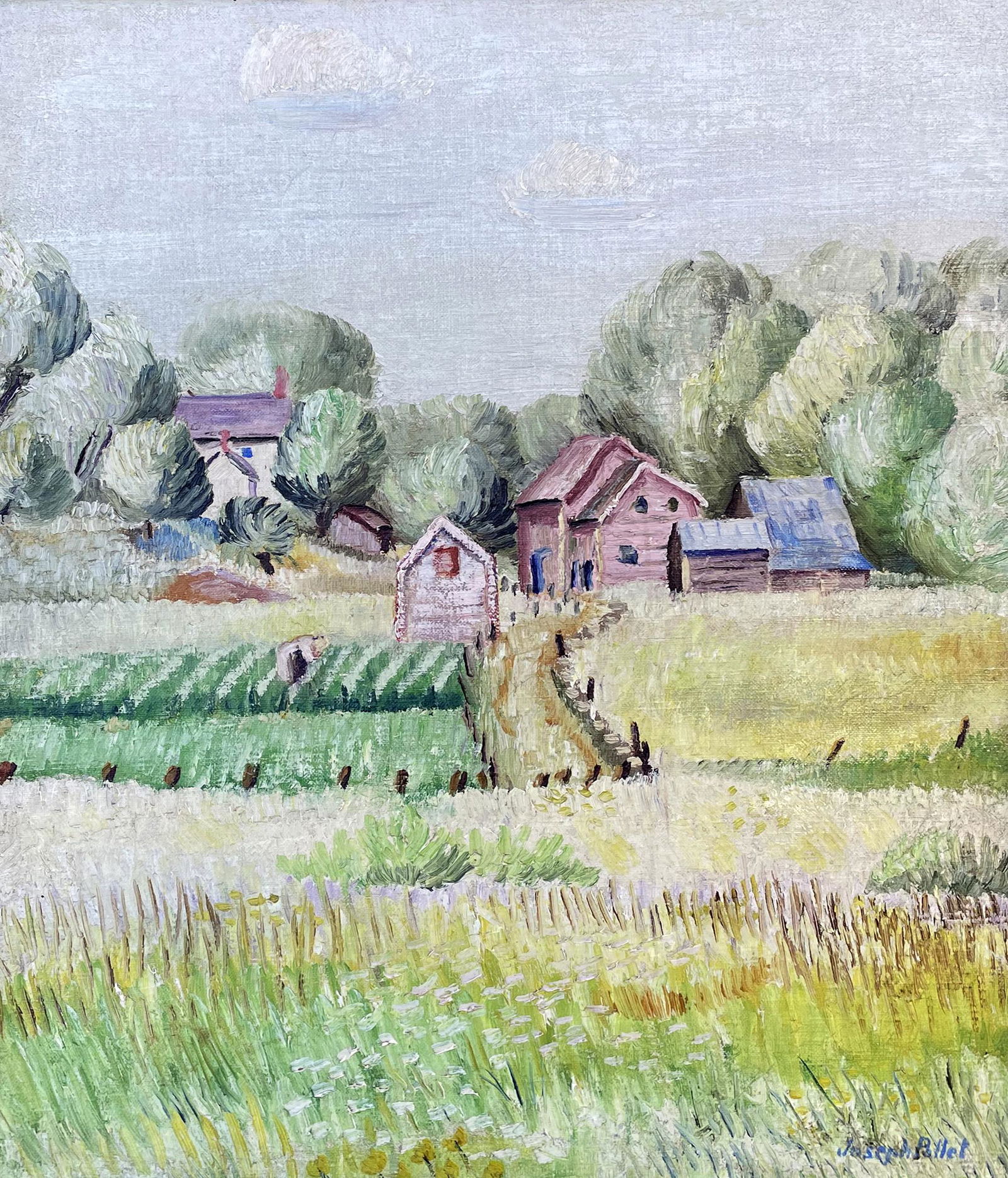 Joseph Pollet (1897 - 1979): "Farm in Summer"; c. 1950; Oil on Canvas; 20" x 24"; Signed Lower Right; Framed.