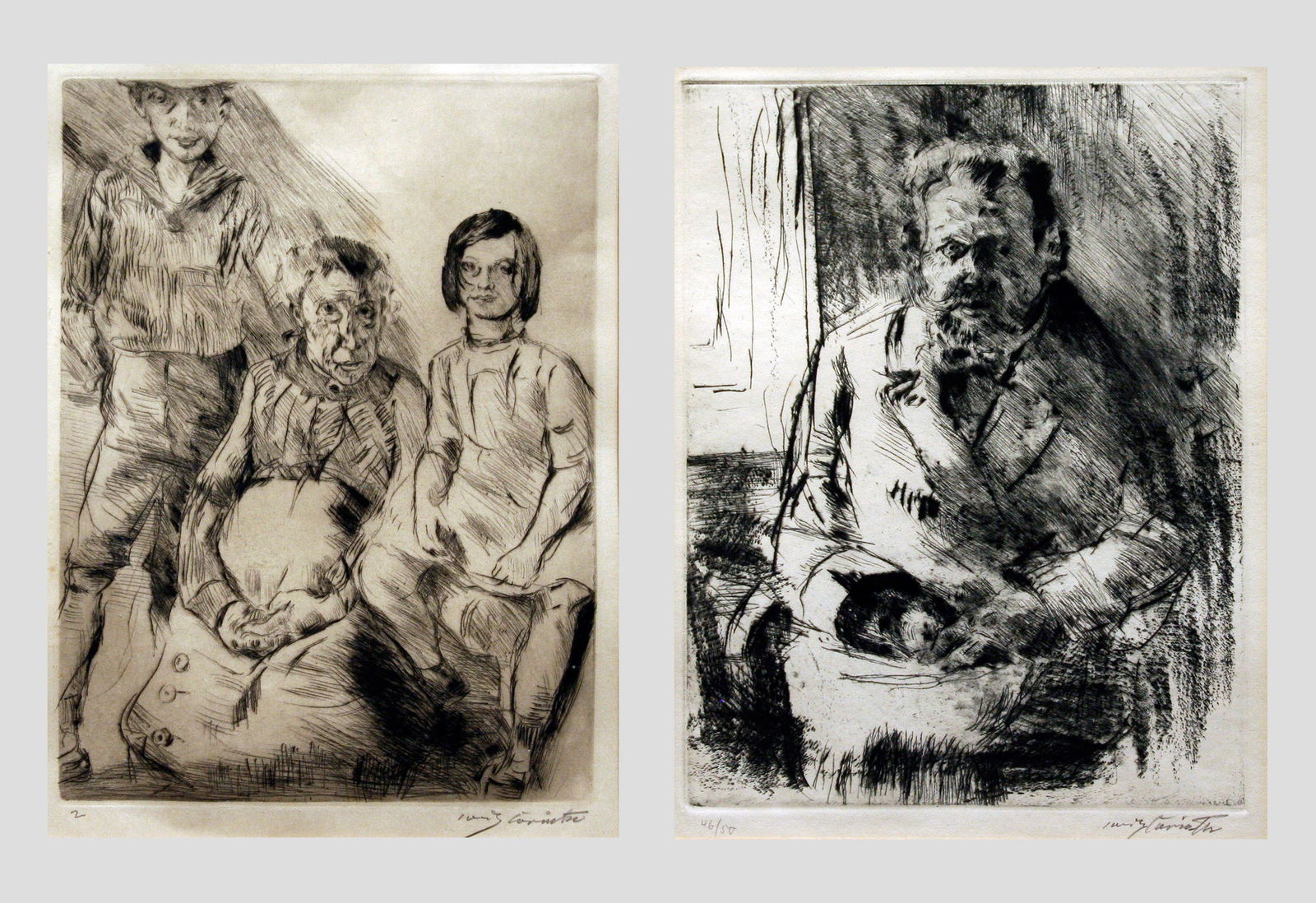 Lovis Corinth (1858 - 1925): LOT OF TWO: A. "Grandmother with Grandchildren"; 1918; Drypoint Etching; 12" x 8.75"; Signed Lower Right; Framed (under glass) / "The Poet (Der Dichter)"; 1920; Drypoint Etching; 12.5" x 9.5"; Signed
