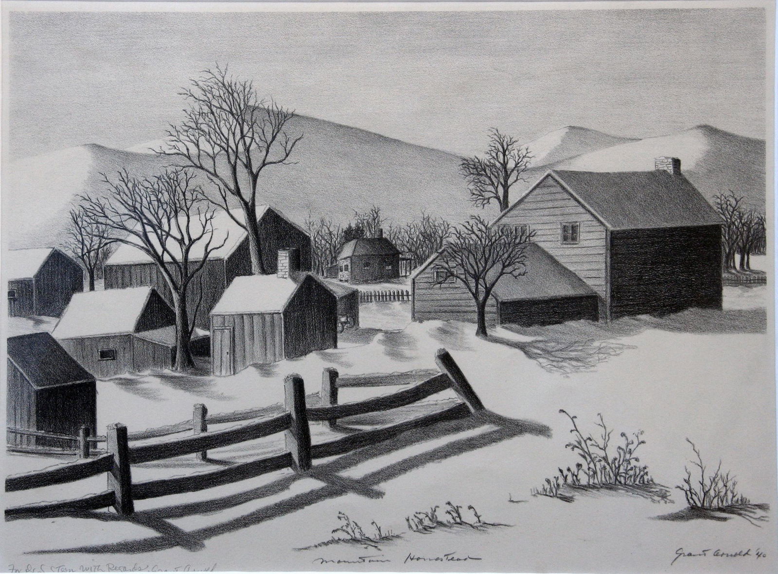 Grant Arnold (1904 - 1988): "Mountain Homestead"; 1940; Lithograph; 9.75" x 13.75"; Signed Lower Right; Framed (under glass); Note: inscribed lower left "To Dr. S. Stern - with regards, Grant Arnold".
