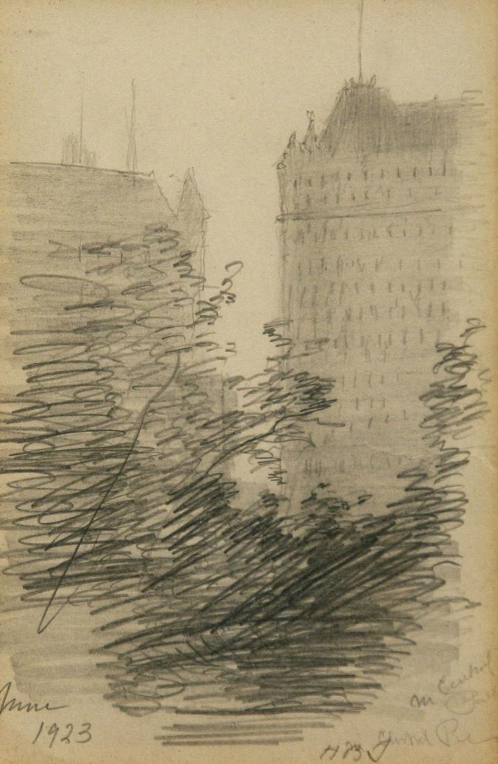 Hobart B. Jacobs (1851 - 1935): "The Plaza from Central Park - New York City"; 1923; Graphite on Paper; 6.75" x 4.375"; Initialled Lower Right; Framed (under glass).