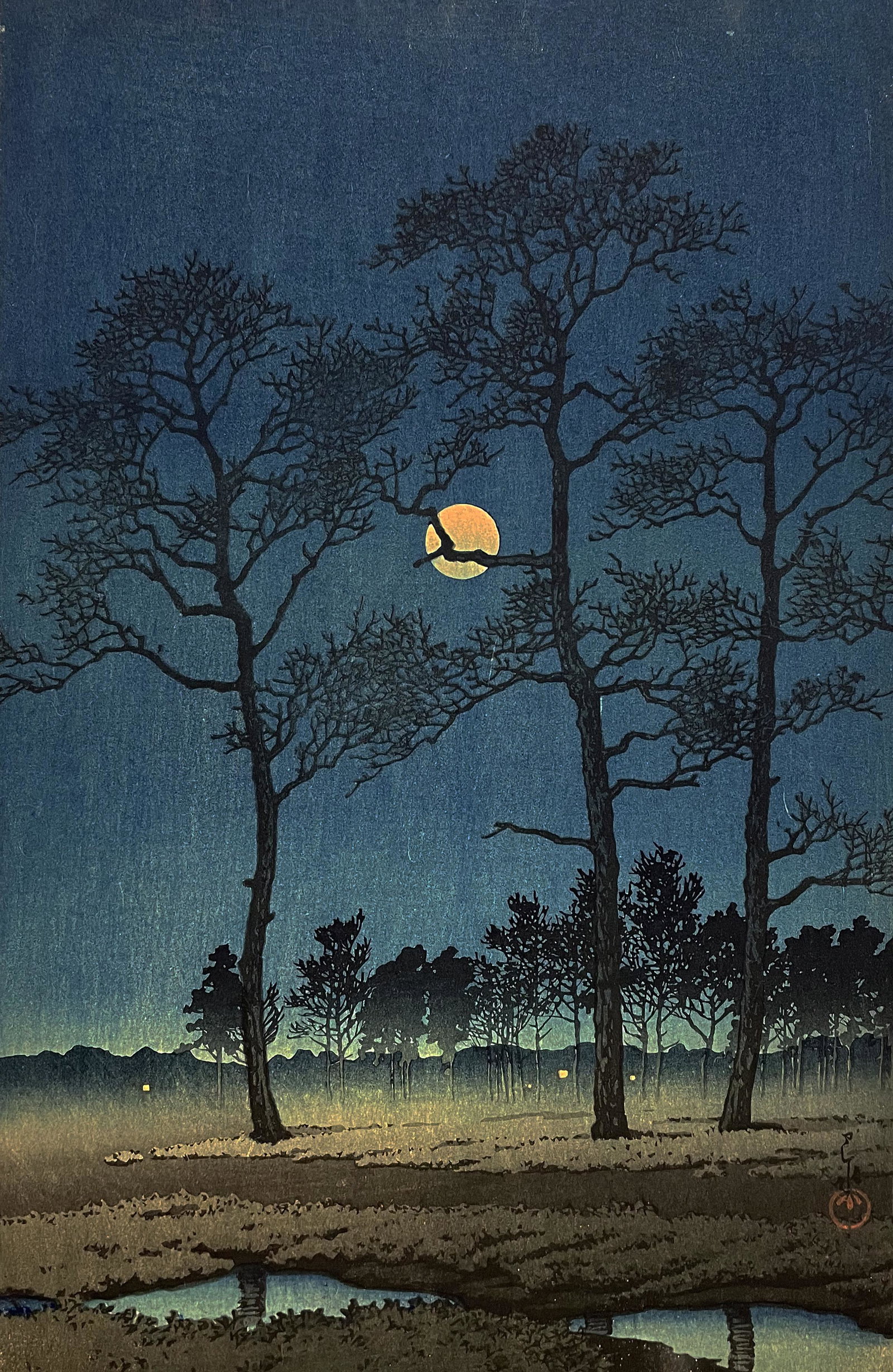 Hasui Kawase (1883 - 1957): "Winter Moon on Toyama Plain"; 1931; Woodblock Print; 14" x 9.25"; Signed Lower Right; Framed (under glass); Note: margins are cut.