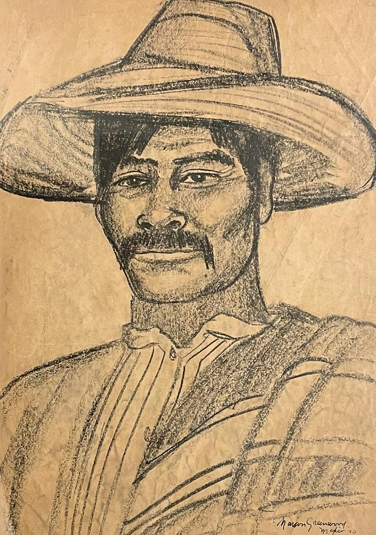 Marion Greenwood (1909 - 1970): "Mexican Farmer"; 1932; Conte Crayon on Paper; 16" x 14"; Signed Lower Right; Framed (under glass).