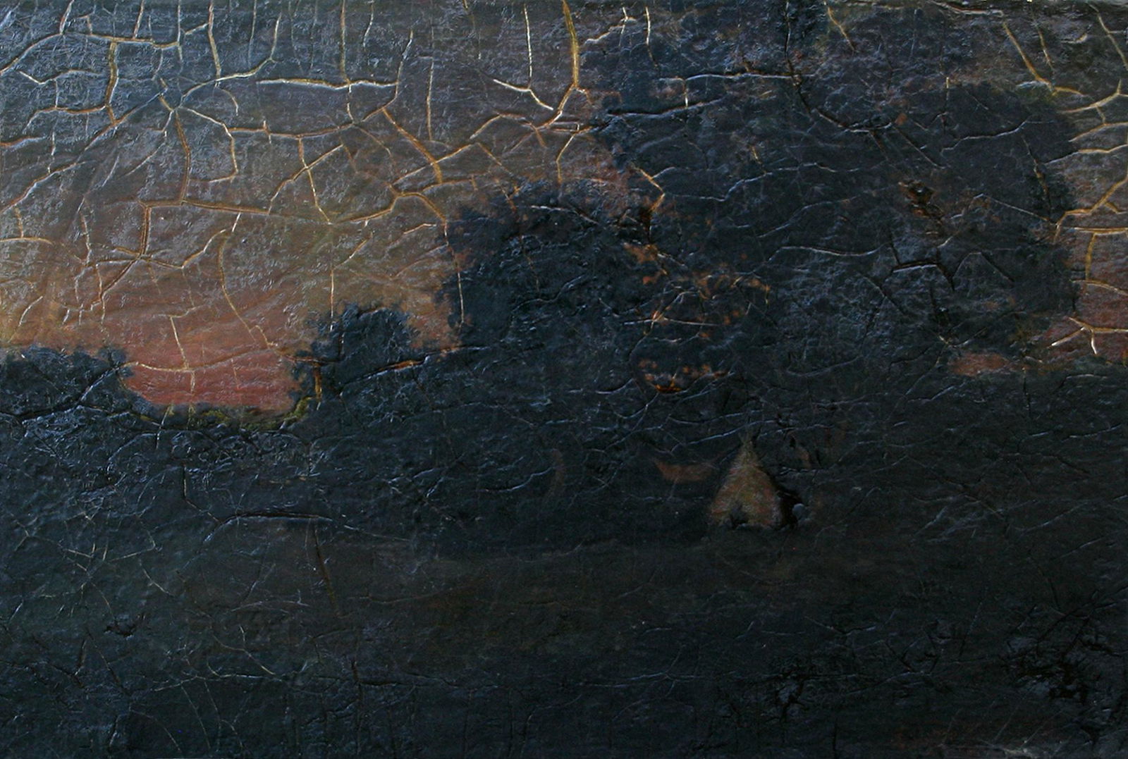 ATTRIBUTED to Ralph Albert Blakelock (1847-1919): "Landscape"; 19th century; Oil on Canvas; 11" x 16.75"; Signed Lower Right; Framed; Condition: Prominent craquelure, alligatoring, drying cracks.