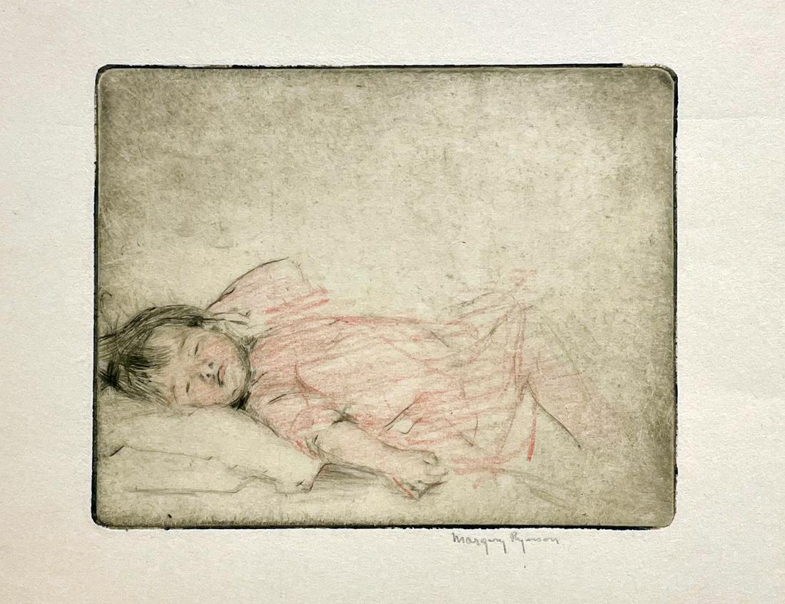 Margery Ryerson (1886 - 1989): "Fast Asleep, Sound Asleep"; c. 1925; Etching with Colored Pencil; 4" x 5"; Signed Lower Right; Unframed; Provenance: From the Estate of Margery Ryerson (1886-1989).
