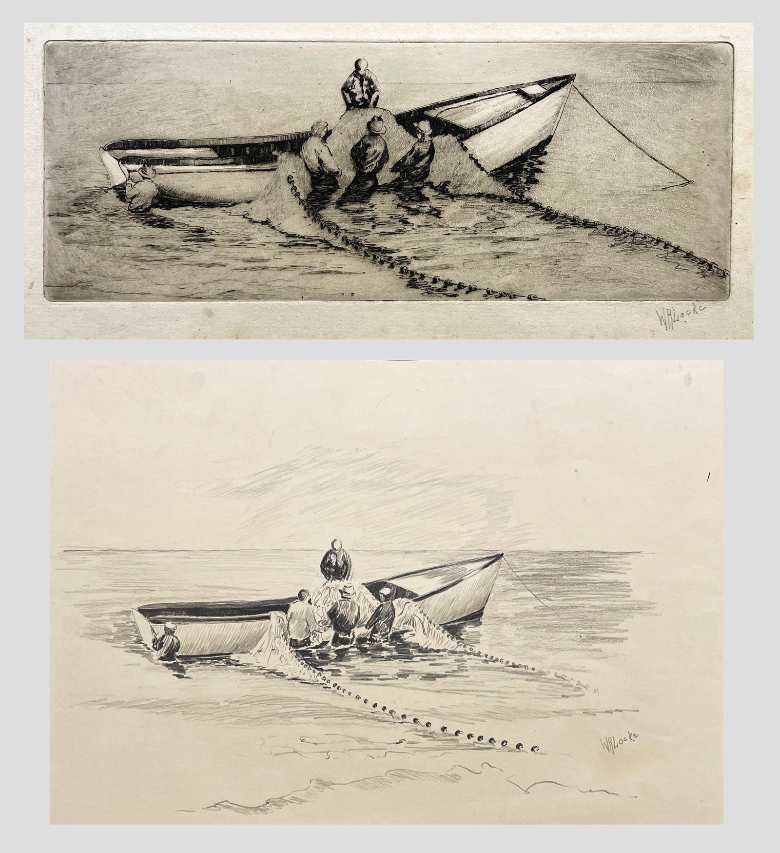 Walter Ronald Locke (1883 - 1949): LOT OF TWO: A. "Net Harvest - Sketch for an Etching"; c. 1930; Graphite on Paper; 8" x 10"; Signed Lower Right; Unframed / B. "Net Harvest"; c. 1930; Etching; 3" x 8"; Signed Lower Right; Unframed; No