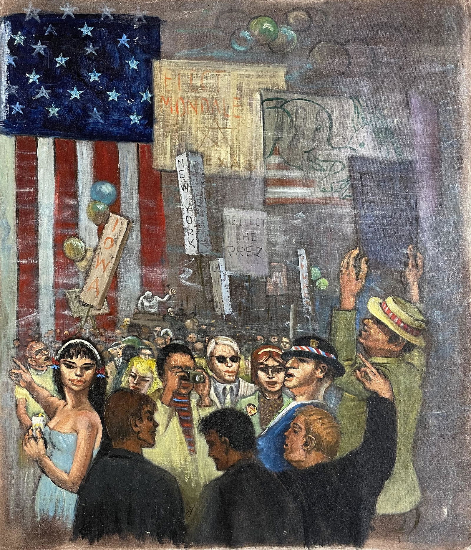 Albert Pels (1910 - 1998): "National Political Convention"; c. 1987; Oil on Canvas (Unstretched); 26" x 22.75; Signed Lower Center; Unframed.