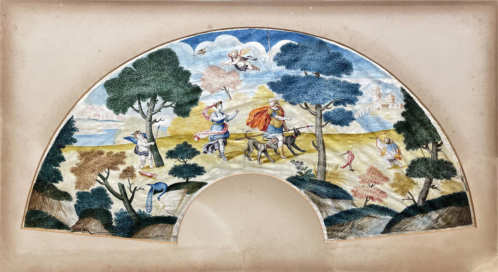 Hand Painted Antique Fan (double sided): Hand Painted Antique Fan with Classical Motif; early 19th century; Gouache on Paper; 10" x 20.5"; Unsigned; Framed (under glass); Please view all photos for condition.