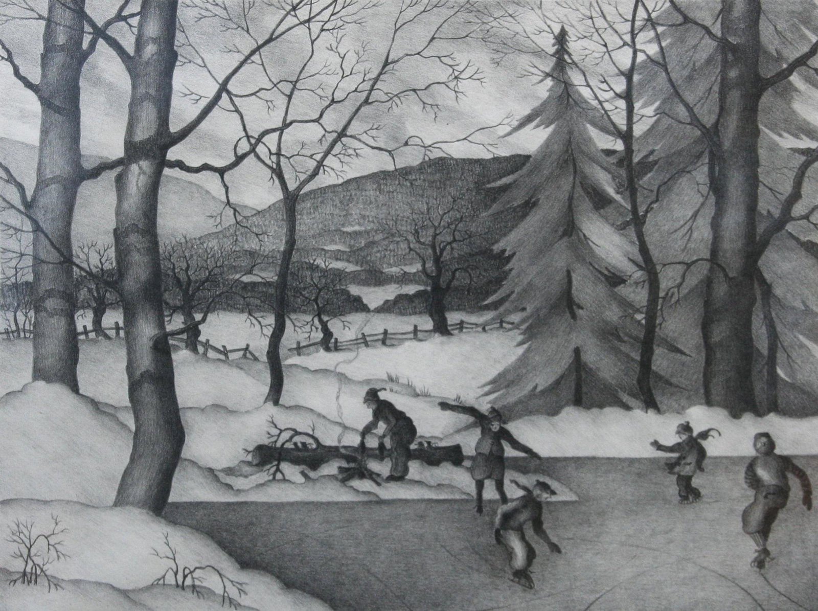 Clarence Bolton (1893 - 1962): "Winter Holiday"; c. 1940; Lithograph; 9.25" x 12.5"; Signed Lower Right; Framed (under glass).