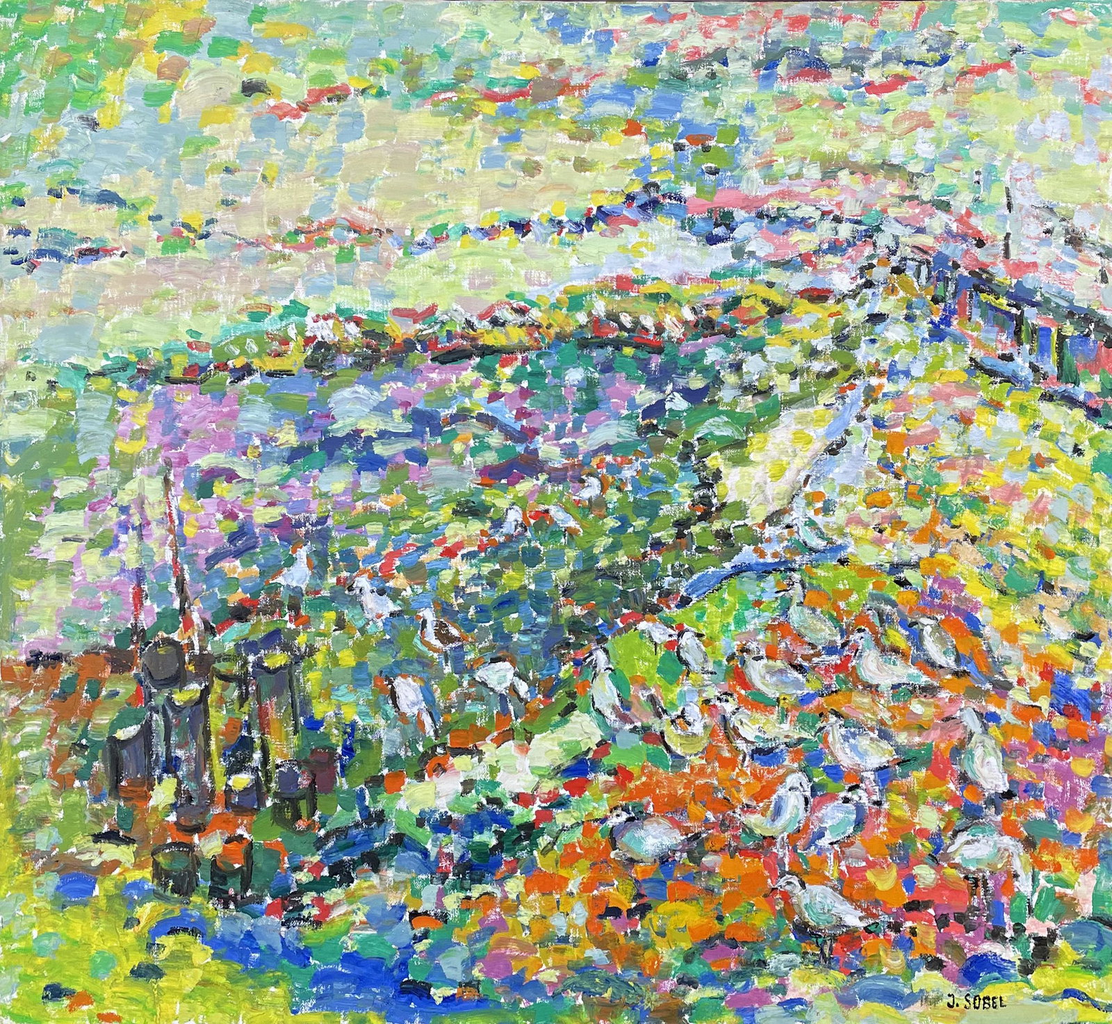 Jehudith Sobel (1924 - 2012): "Waterfront Seagulls"; 20th Century; Oil on Canvas; 30" x 36"; Signed Lower Right; Framed.
