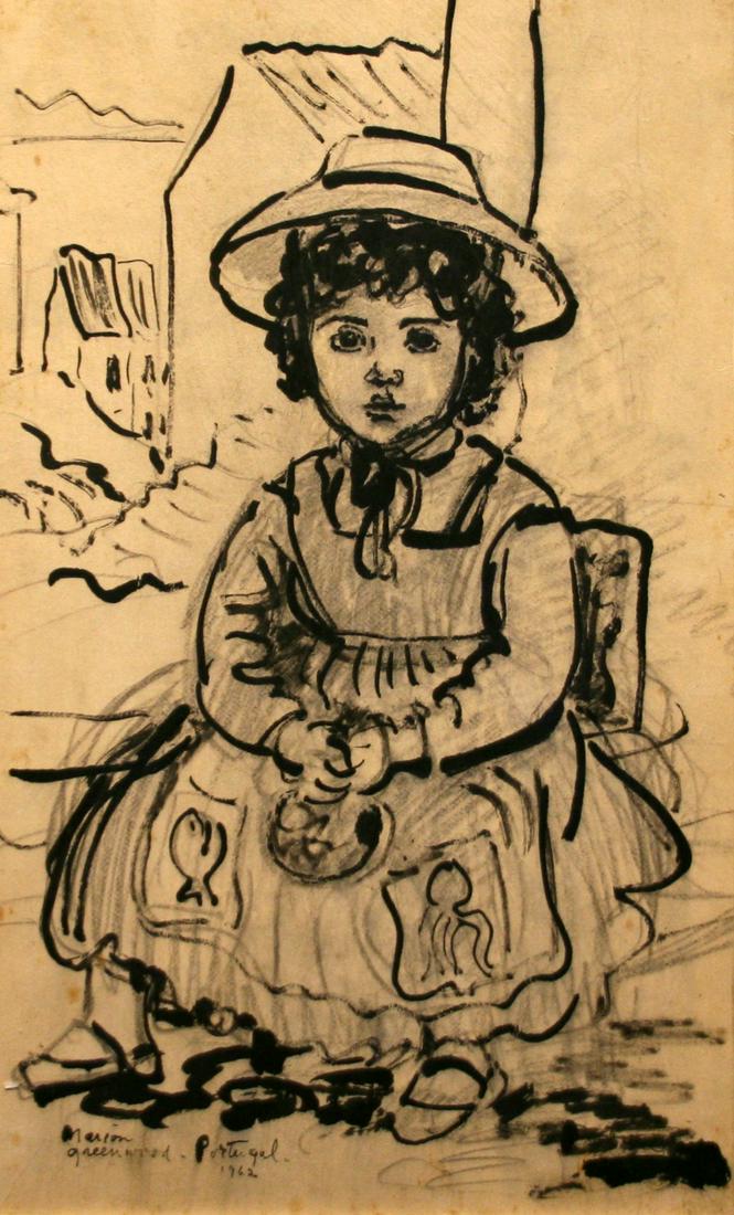 Marion Greenwood (1909 - 1970): "Portugal"; 1962; Ink and Crayon on Paper; 21.5" x 13.25"; Signed Lower Left; Framed (under glass); Note: minor foxing overall.