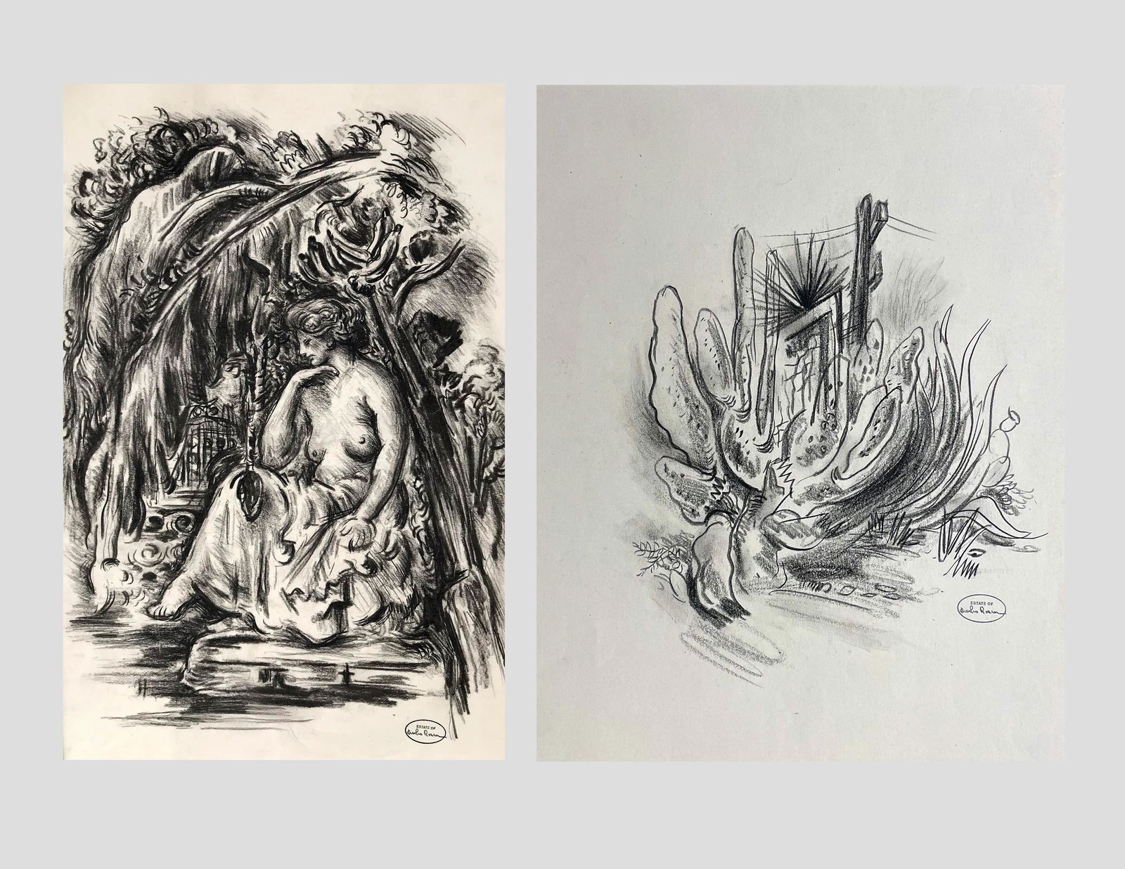 Charles Rosen (1878 - 1950): LOT OF TWO: A. "McNay Sculpture Garden - San Antonio, TX"; c. 1940; Charcoal on Paper; 15" x 10"; Estate Stamp Lower Right; Unframed / B. "Texas Motif"; c. 1940; Charcoal on Paper; 13" x 10.5"; Estate