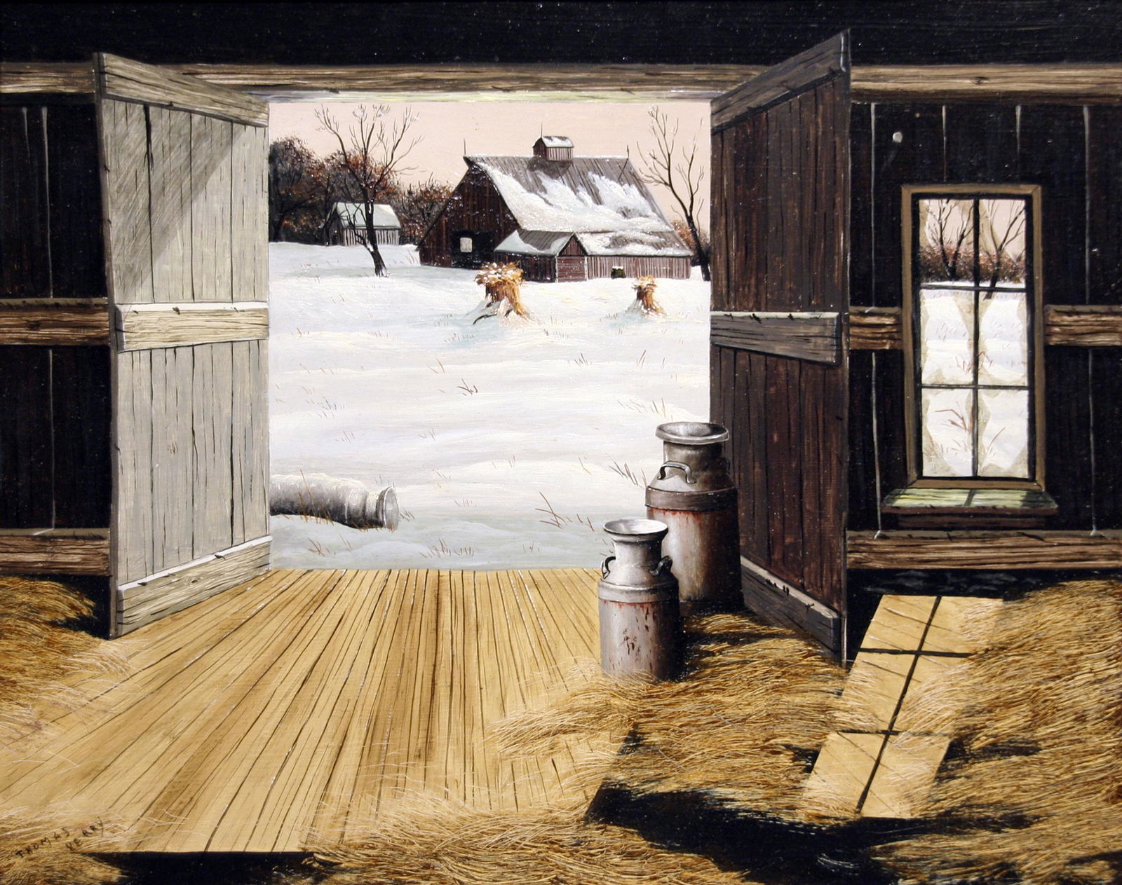 Thomas Kerry: "Barn in Snow"; 20th Century; Oil on Board; 15.75" x 19.75"; Signed Lower Left; Framed.