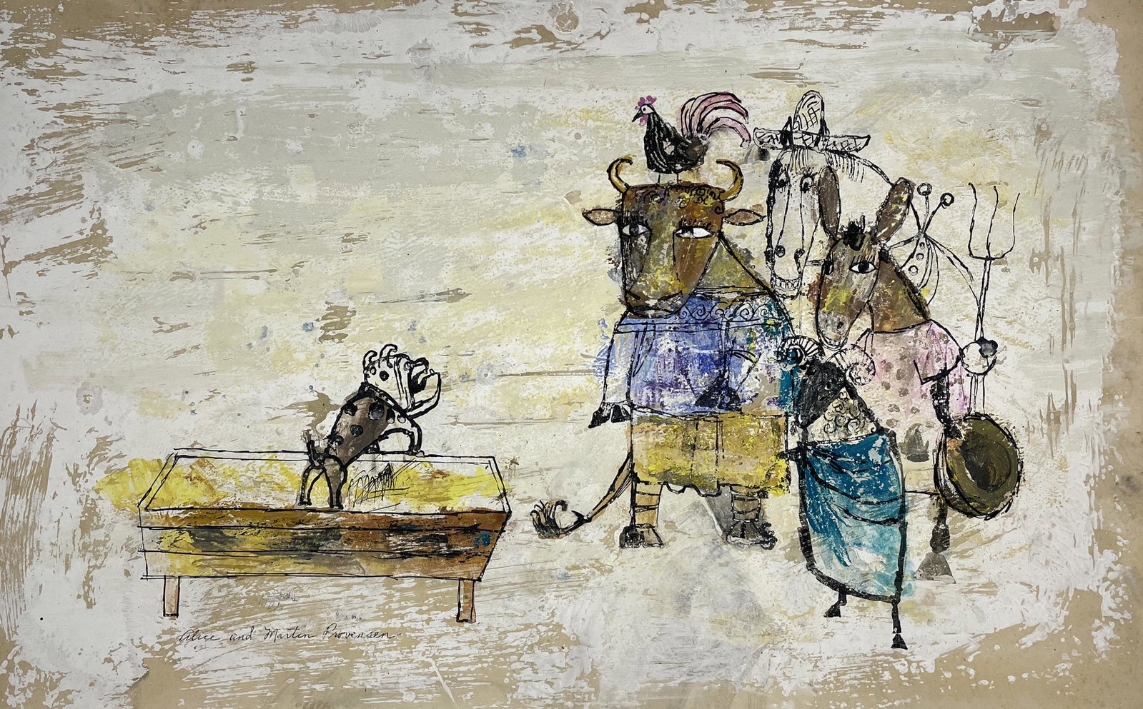 Alice & Martin Provensen: "The Dog in the Manger" from "Aesop's Fables"; c. 1965; Gouache on Board; 14" x 22"; Signed Lower Left; Unframed.