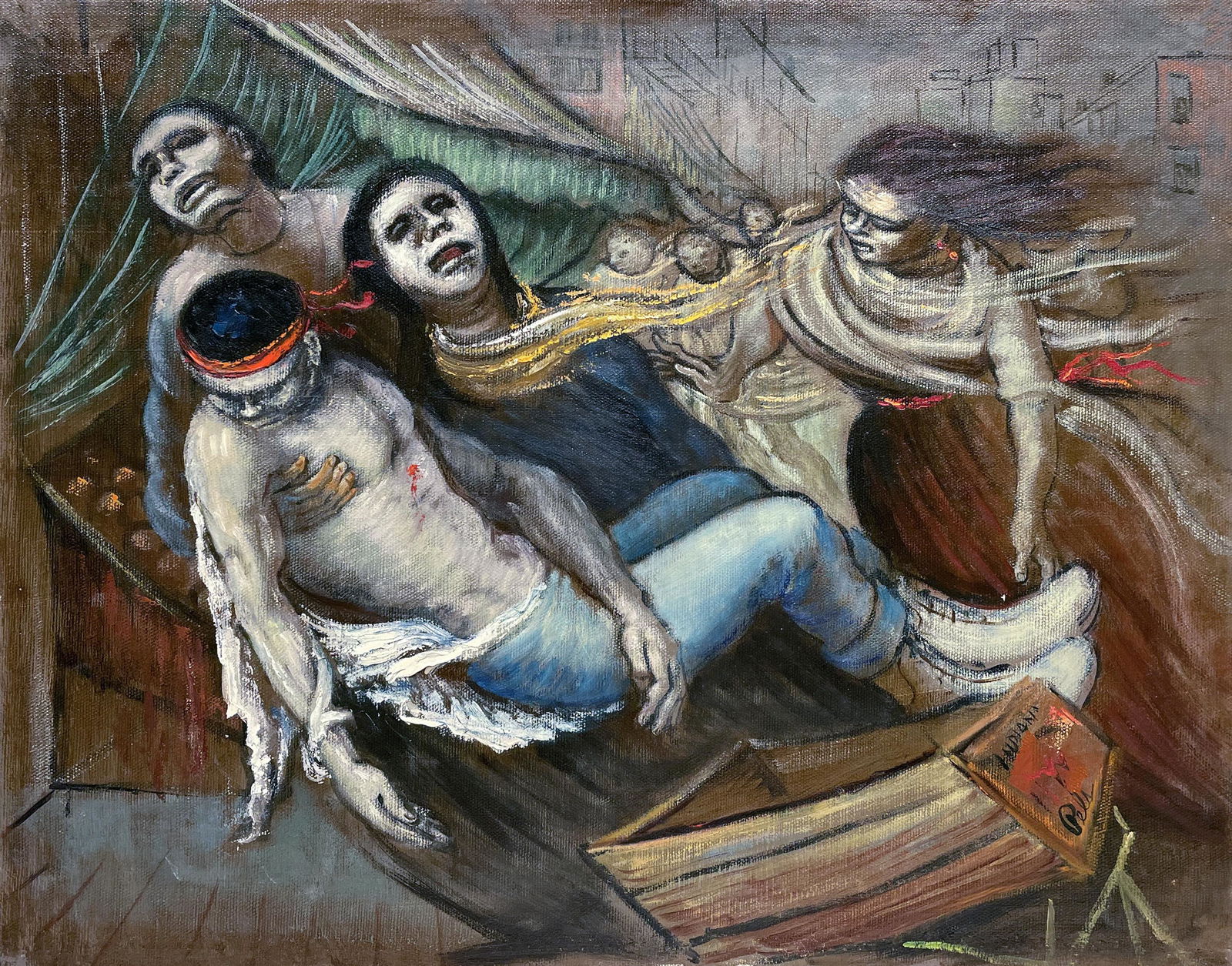 Albert Pels (1910 - 1988): "Shootout Victim"; c. 1980s; Oil on Canvas (unstretched); 17.5" x 22"; Signed Lower Right; Unframed.