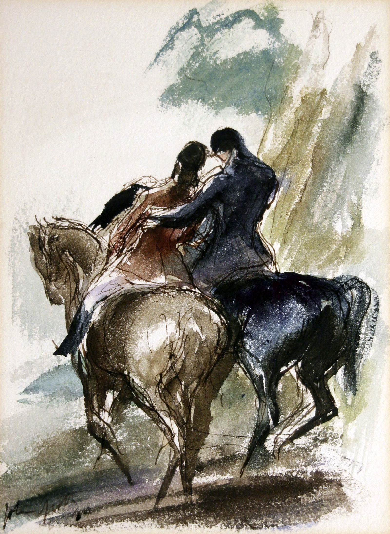 John Groth (1908 - 1988): "Two Riders on Horseback"; 1969; Watercolor on Paper; 13.75" x 10"; Signed Lower Left; Framed (under glass).