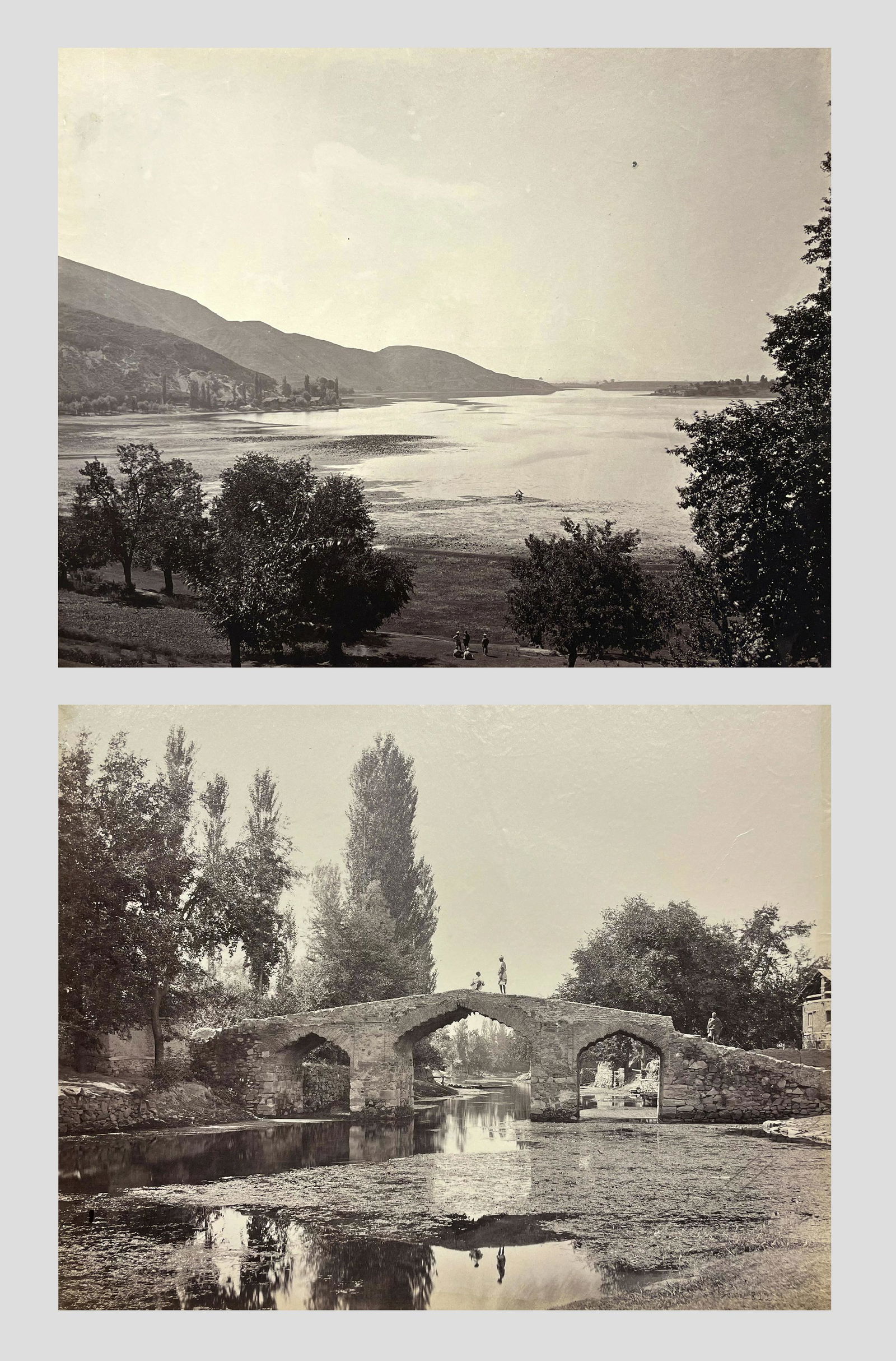 Samuel Bourne (1834-1912): LOT OF TWO: A. "The Lake, Cashmere"; c. 1860; Albumen Print; 9.25" x 11.25"; Signed Lower Left in Plate; Unframed / B. "Akbar's Bridge, Srinugger, Cashmere"; c. 1860; Albumen Print; 9" x 11"; Signed L