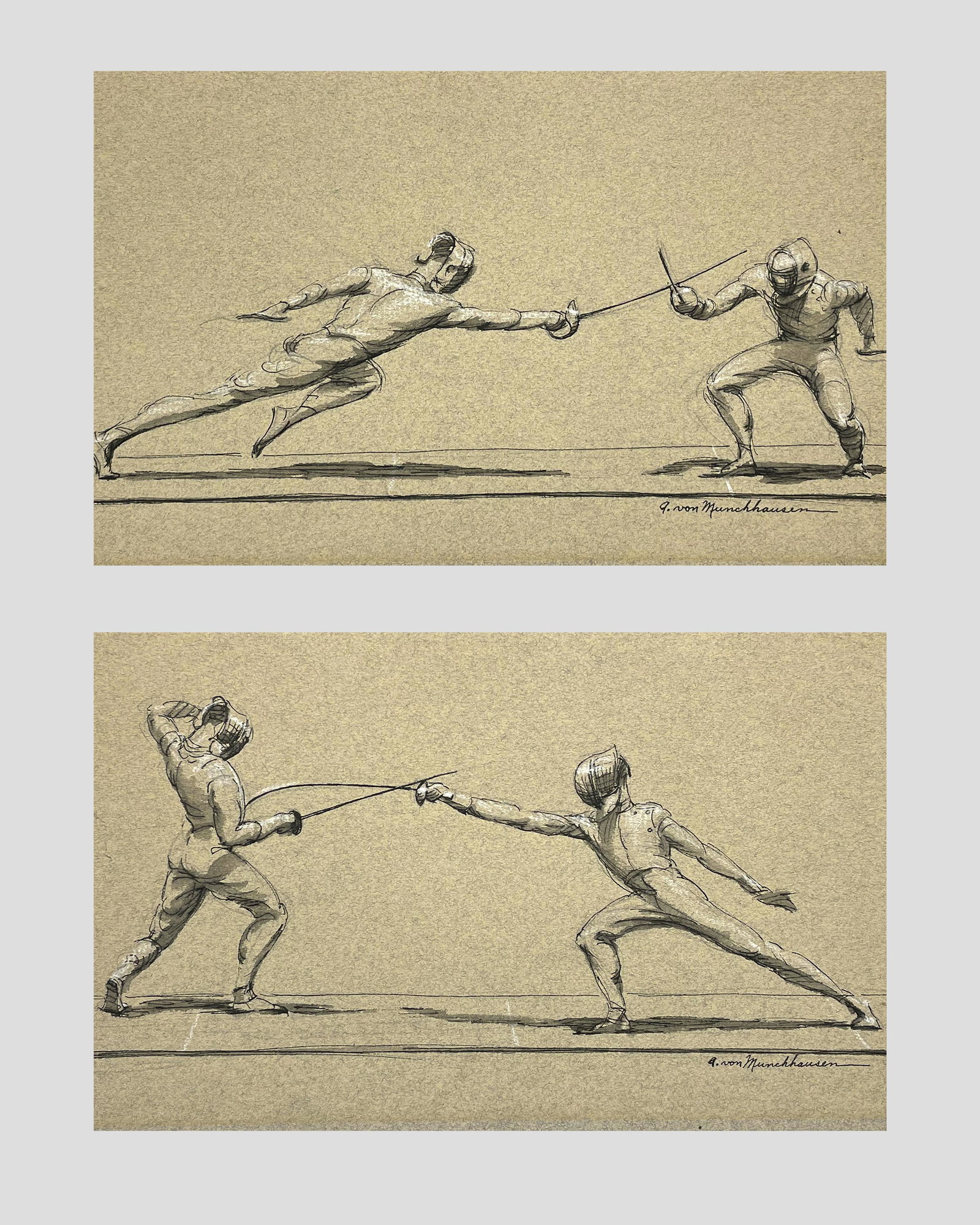 August von Munchhausen (b. 1908): LOT OF TWO: Pair of fencing scenes; c. 1950; Ink wash on Paper; 5.5" x 8.5"; Signed Lower Right; Framed (under glass); Note: minor tear in left side