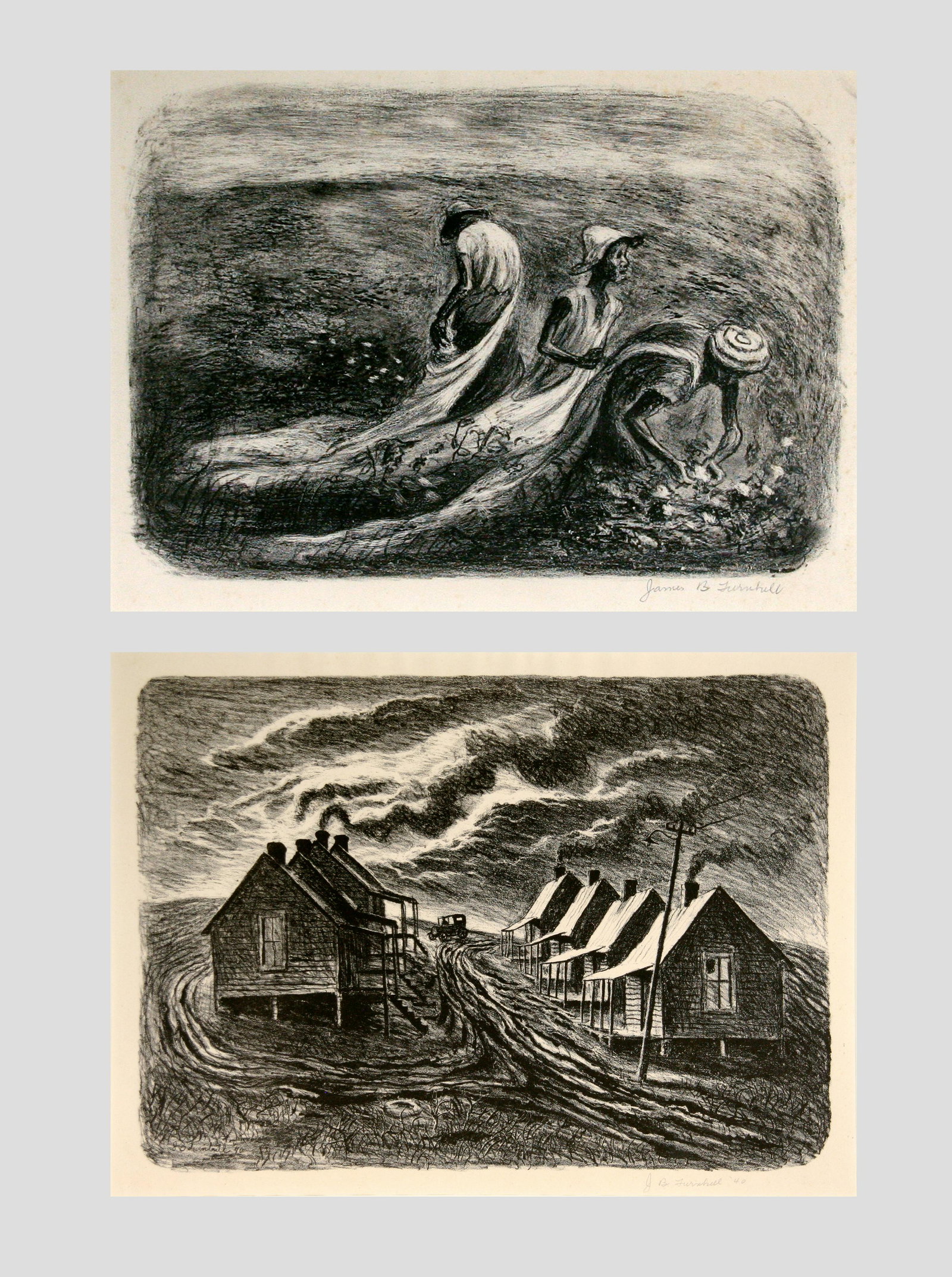 James (Jim) Turnbull (1909 - 1976): LOT OF TWO: A. "Cotton Pickers"; c. 1940; Lithograph; 8.25" x 12"; Signed Lower Right; Framed (under glass) / B. "Southern Shacks"; 1940; Lithograph; 10.75" x 15"; Signed Lower Right; Framed (under gl