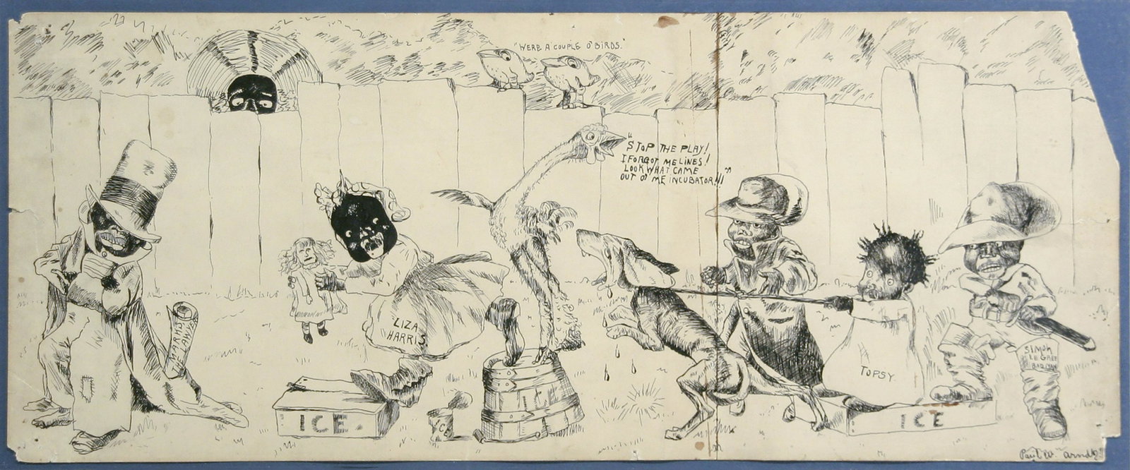 Paul Arndt (1881 - 1978): "Stop the Play!"; c. 1940; Ink on Paper; 7" x 17.25"; Signed Lower Right; Framed (under glass); Condition: please see photos for condition.