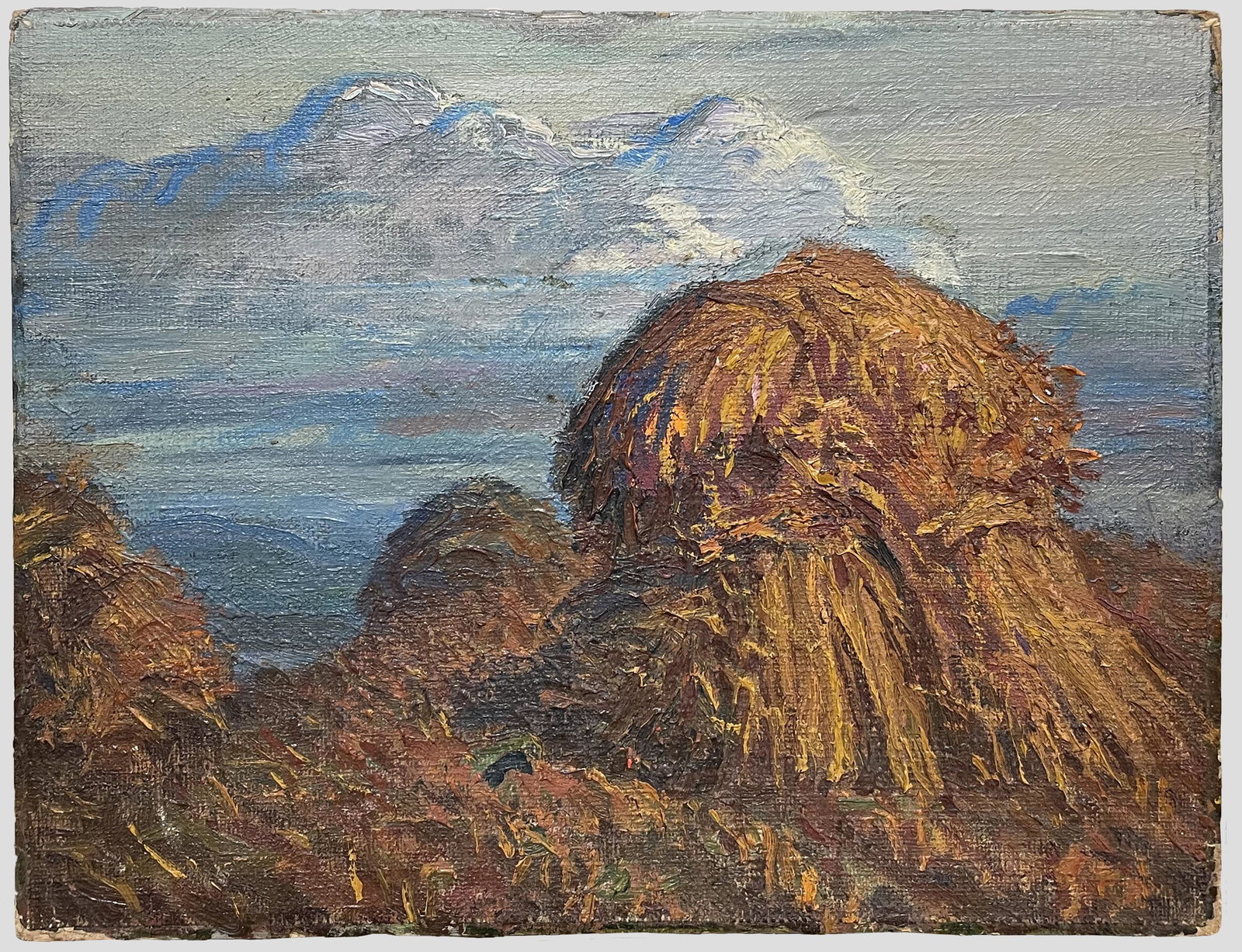 Harvey Emrich (1884 - 1972): Haystacks"; c. 1940s; Oil on Canvas Board; 8.25" x 10.25"; Unsigned; Unframed; Note: inscribed on verso "Harvey Emrich - Bought at estate sale - Paper of authenticity in my paper" and "Haystacks, Wood